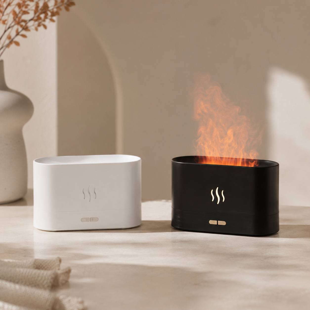 USB Desktop Flame Aroma Diffuser Humidifier 7 Colors Simulation Light Aromatherapy Air Purifier for Bedroom/Essential oil set