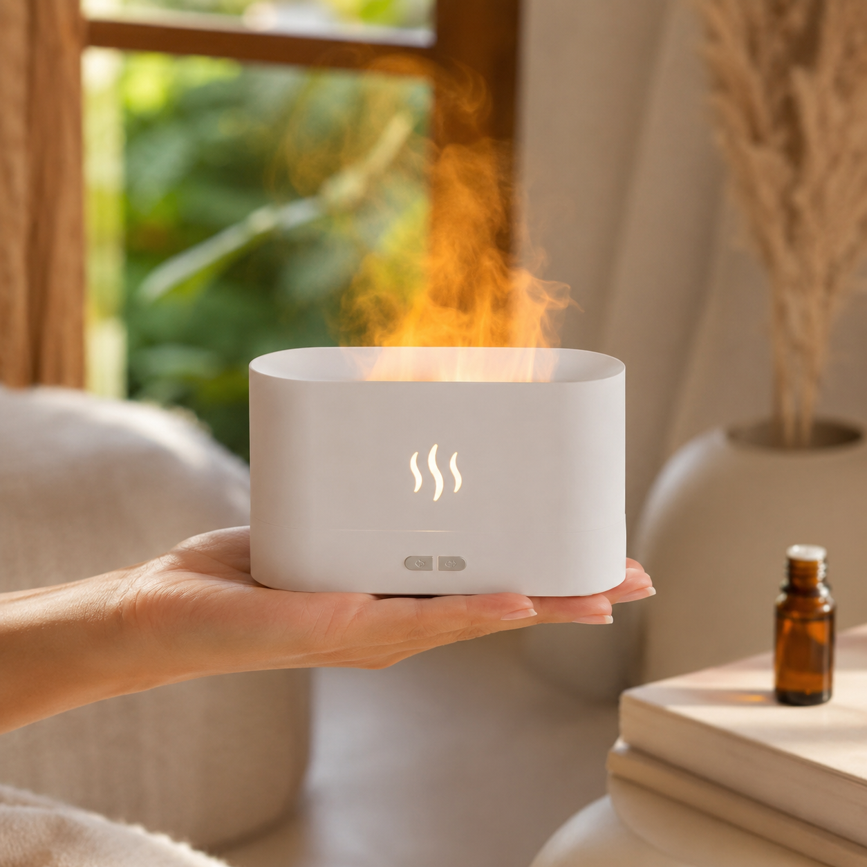 USB Desktop Flame Aroma Diffuser Humidifier 7 Colors Simulation Light Aromatherapy Air Purifier for Bedroom/Essential oil set