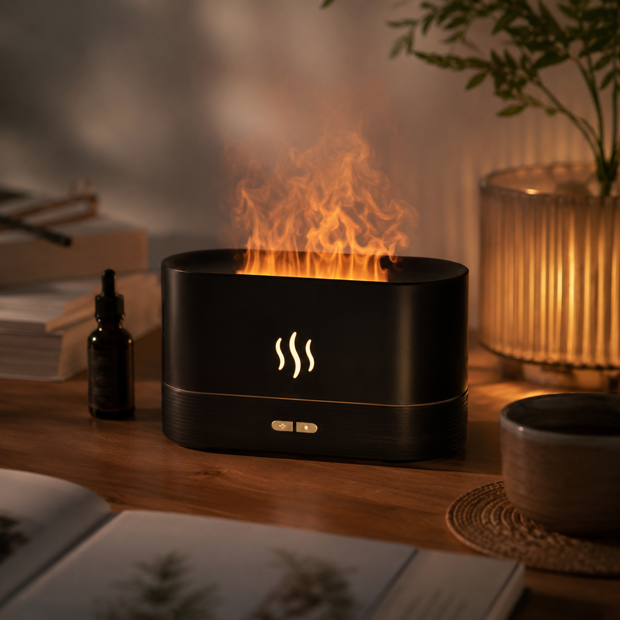 USB Desktop Flame Aroma Diffuser Humidifier 7 Colors Simulation Light Aromatherapy Air Purifier for Bedroom/Essential oil set