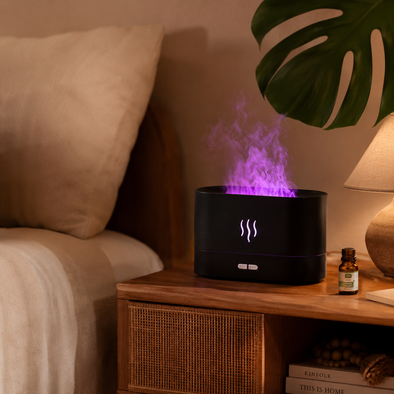 USB Desktop Flame Aroma Diffuser Humidifier 7 Colors Simulation Light Aromatherapy Air Purifier for Bedroom/Essential oil set