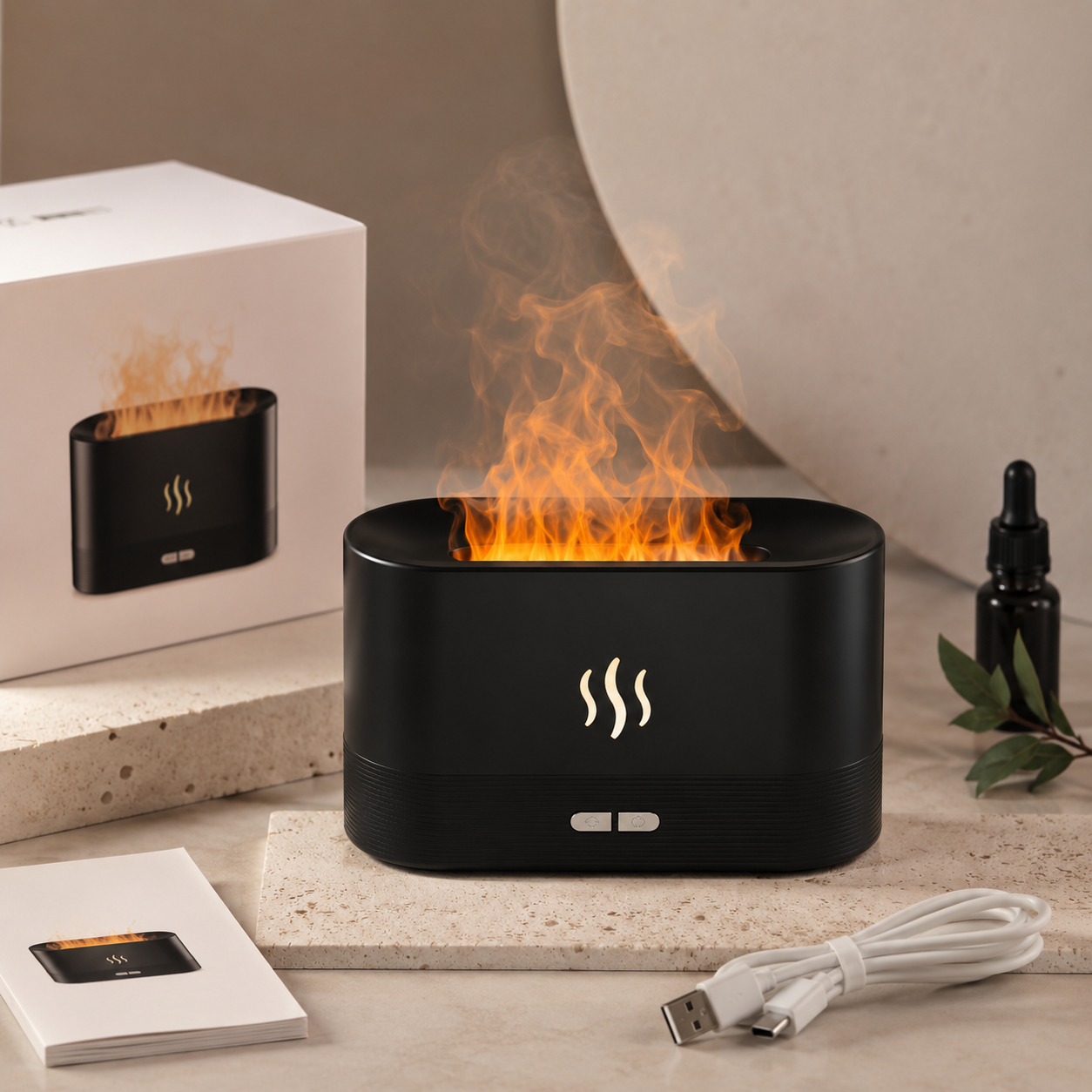 USB Desktop Flame Aroma Diffuser Humidifier 7 Colors Simulation Light Aromatherapy Air Purifier for Bedroom/Essential oil set